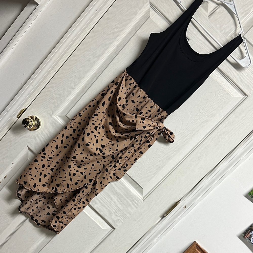 Black and Tan Sleeveless Dress with Polka Dot Skirt